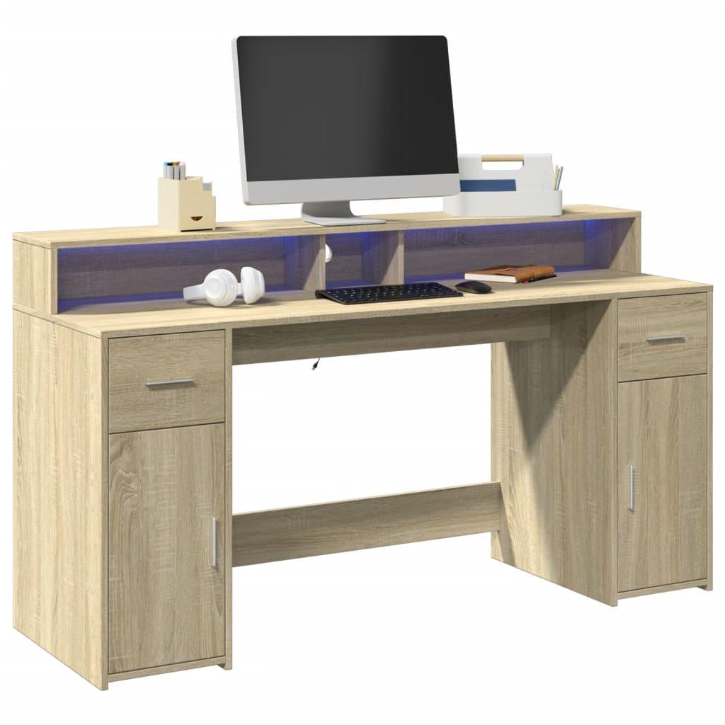 Skrivebord Med Led Lys 160x55x91 Cm Konstrueret Træ Sonoma Eg