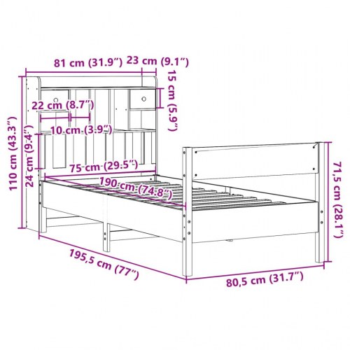 Seng med reolgavl uden madras 75 x 190 cm - massivt fyrretræ