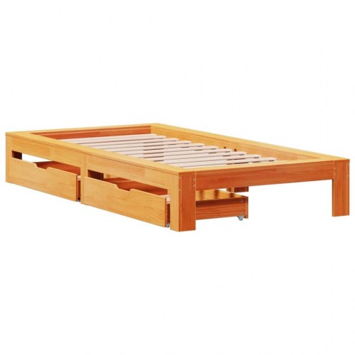 Sengeramme i massivt fyrretræ 90 x 200 cm med 2 skuffer - gyldenbrun