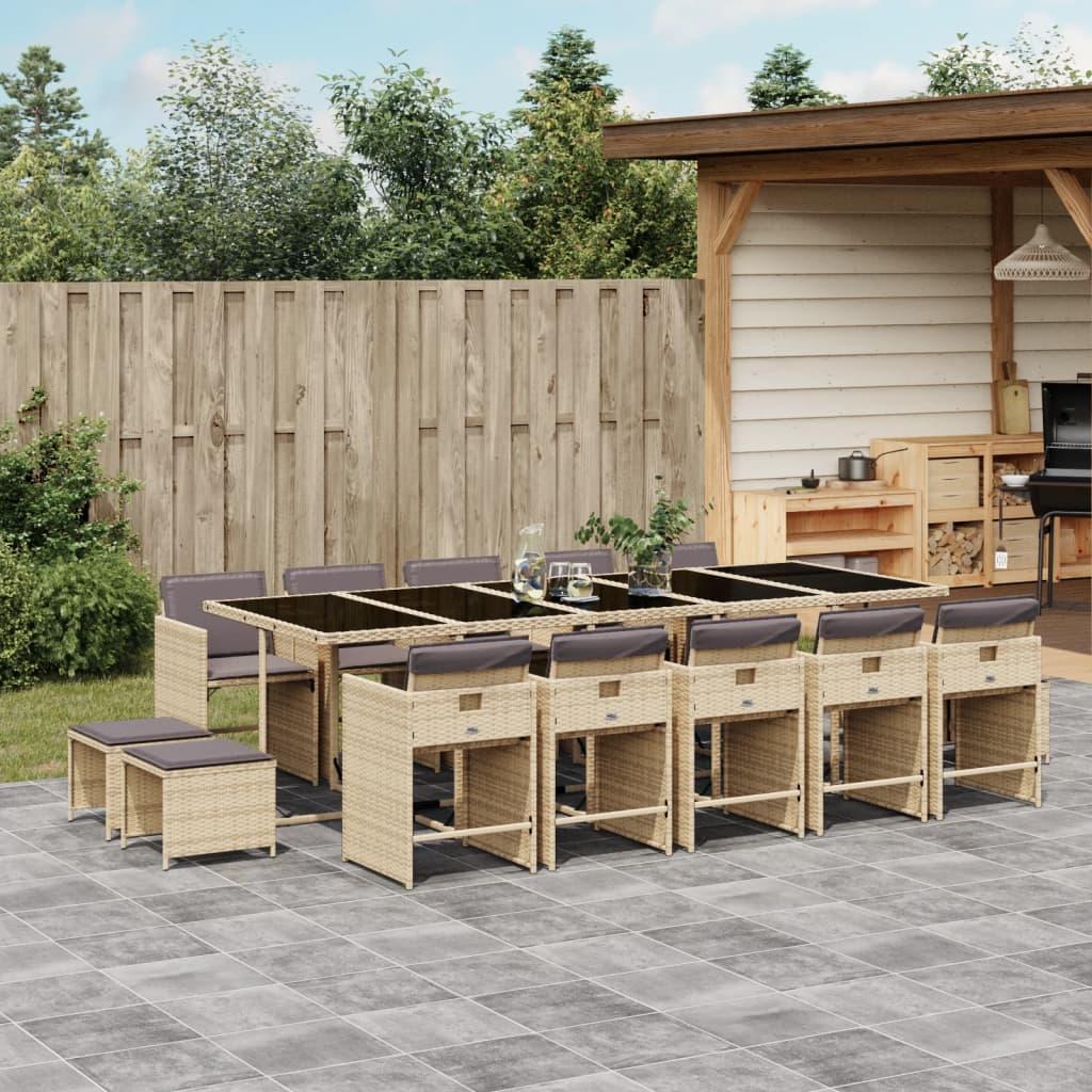 Spisebordssæt Til Haven 15 Dele Med Hynder Polyrattan - 14 / Blandet beige / Glas