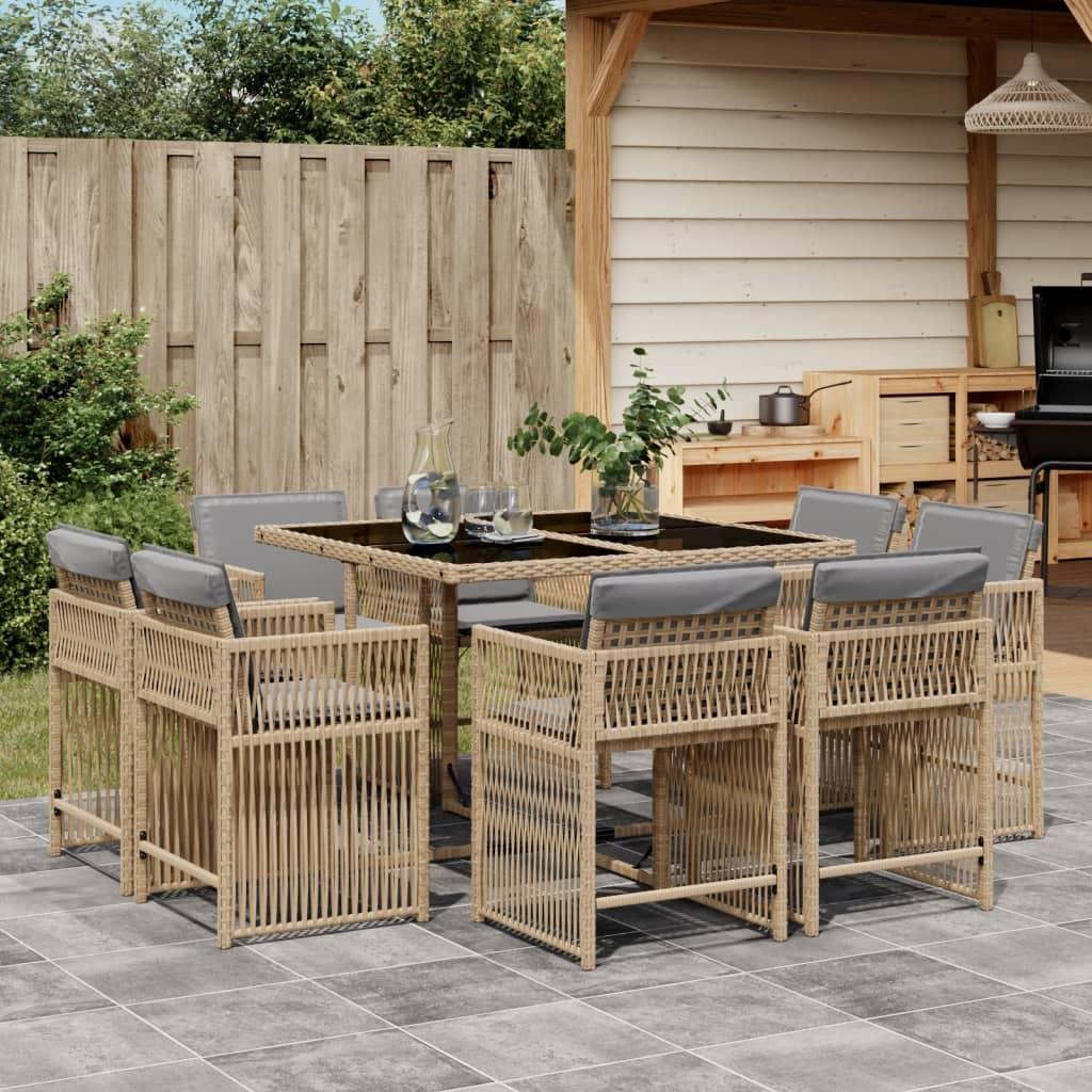 Spisebordssæt til haven 9 dele med hynder polyrattan beige