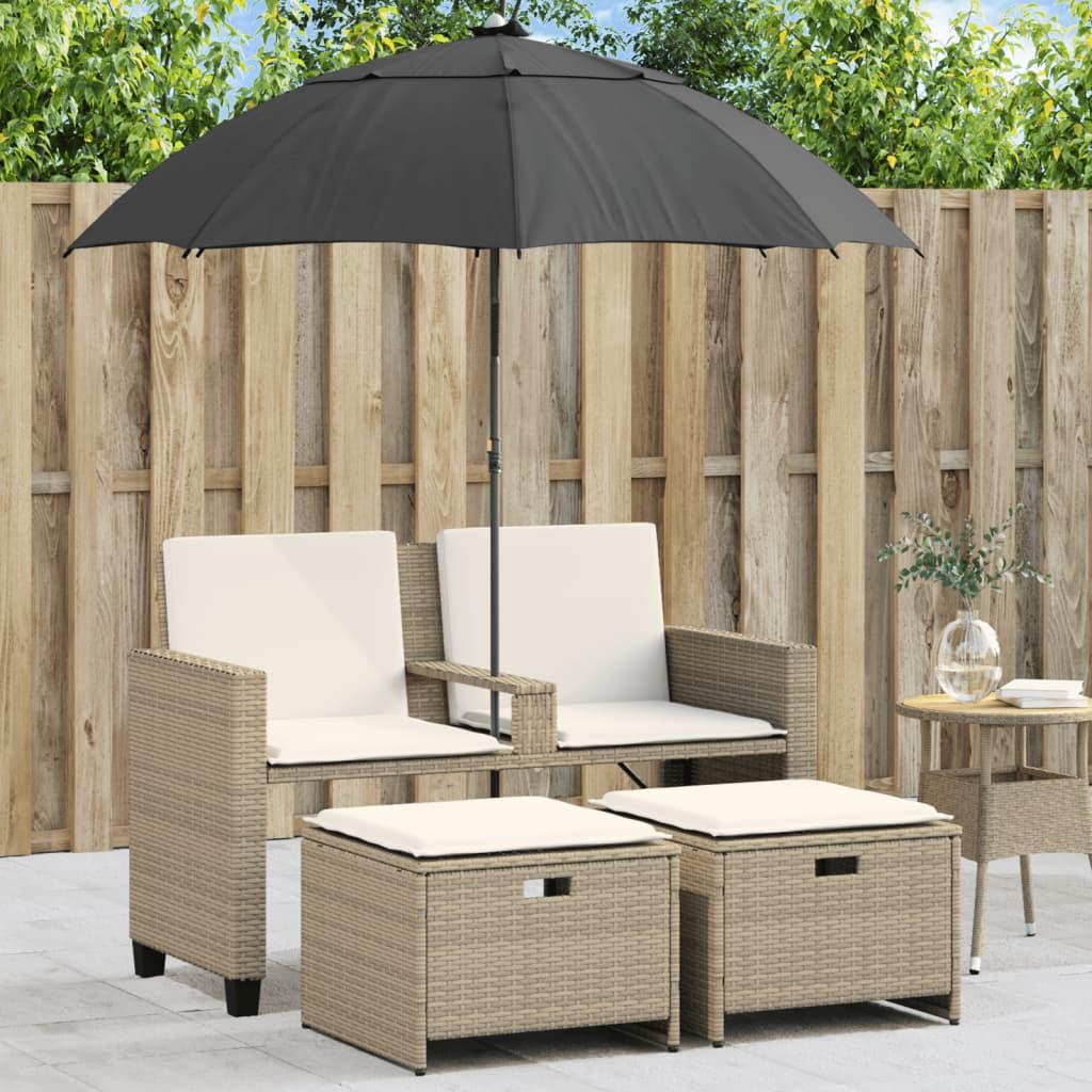 2-Personers Havesofa Med Parasol Og Skamler Polyrattan Sort - beige og cremefarvet
