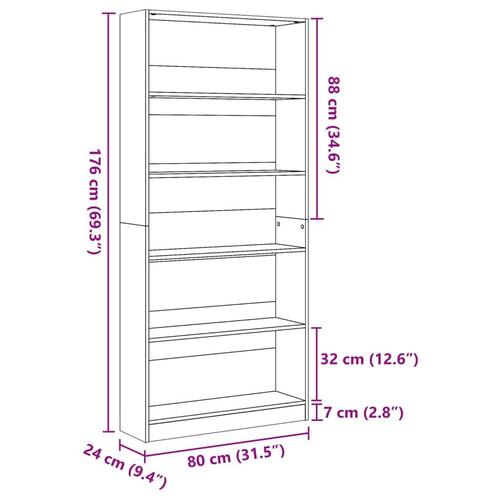 Bogreol 80x24x176 cm konstrueret træ brun egetræsfarve