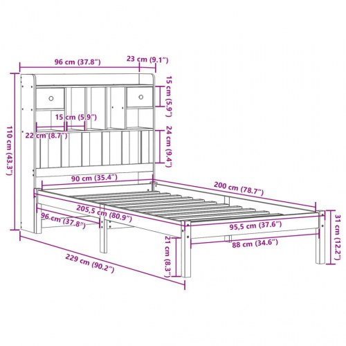 Seng med reol 90x200 cm i massivt fyrretræ - uden madras