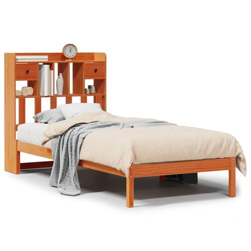 Seng med reol uden madras 75x190 cm massivt fyrretræ gyldenbrun