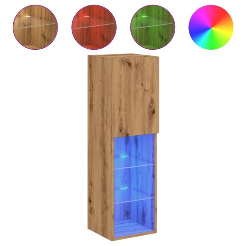 Tv-borde med LED-lys - 2 stk., væghængte, 30,5×30×102 cm, egetræsfarve