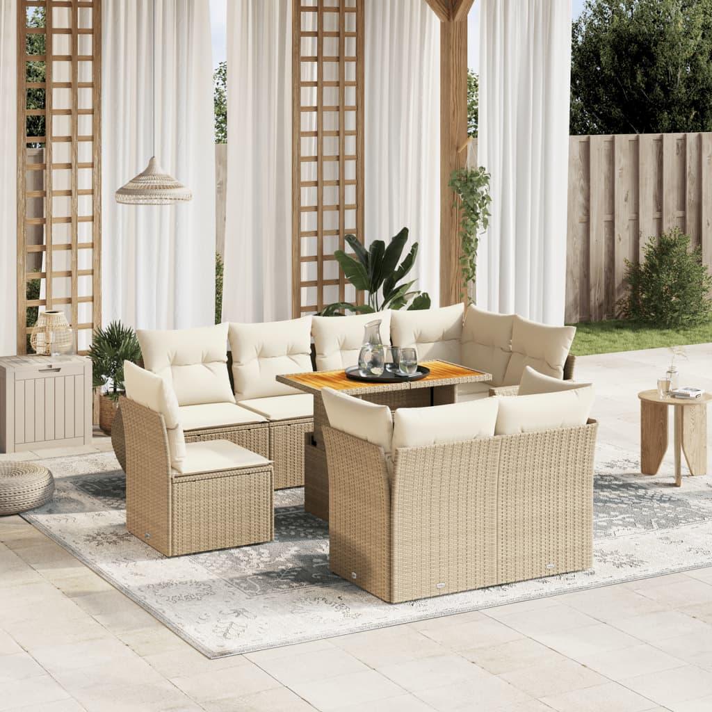 Sofasæt Til Haven 9 Dele Med Hynder Polyrattan - beige og cremefarvet / 3x midterdel 5x hjørnedel bord