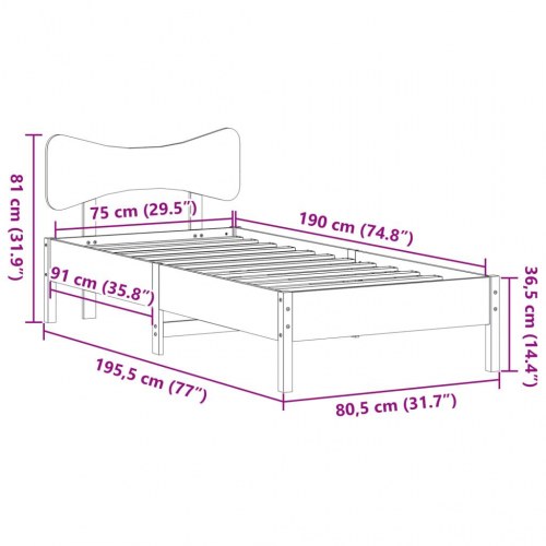 Sengeramme med sengegavl 75x190 cm i massivt fyrretræ