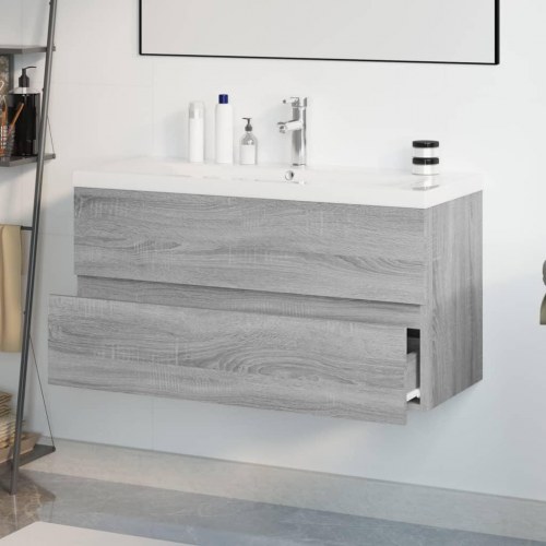 Skab med indbygget håndvask - konstrueret træ, grå sonoma-eg, 90 cm