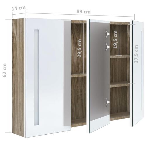 Badeværelsesskab med spejl + LED-lys 89x14x62 cm hvid og egetræ