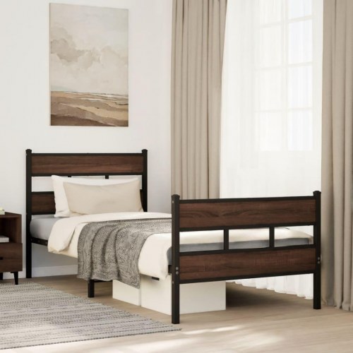 Sengeramme med sengegavl og fodgærde 100 x 190 cm - brun egetræ
