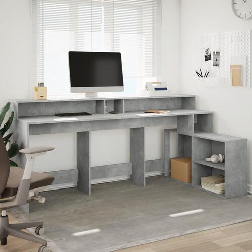 Skrivebord med LED-lys 200x104x91 cm konstrueret træ betongrå