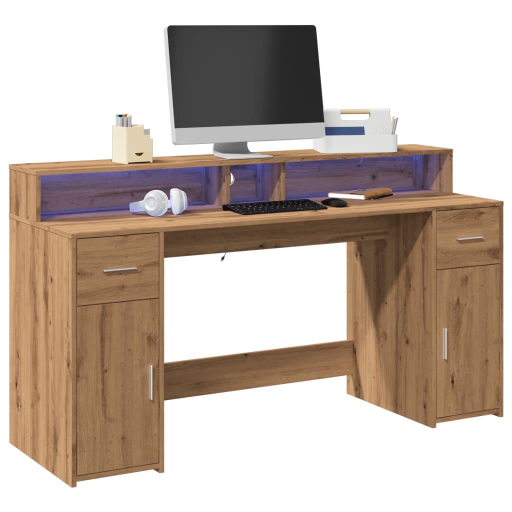 Skrivebord Med Led Lys 160x155x91 Cm Konstrueret Træ Gammelt Eg