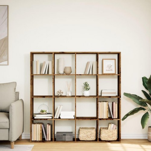 Bogreol med 16 rum - antikt træ, 137,5 x 29 x 137,5 cm
