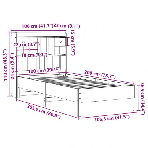 Seng med reol uden madras 100x200 cm massivt fyrretræ