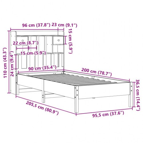 Seng med reol uden madras 90x200 cm massivt fyrretræ gyldenbrun