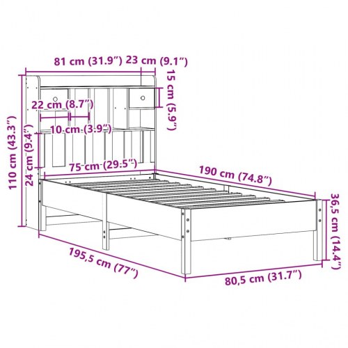 Seng med bogreol uden madras 75 x 190 cm - hvid