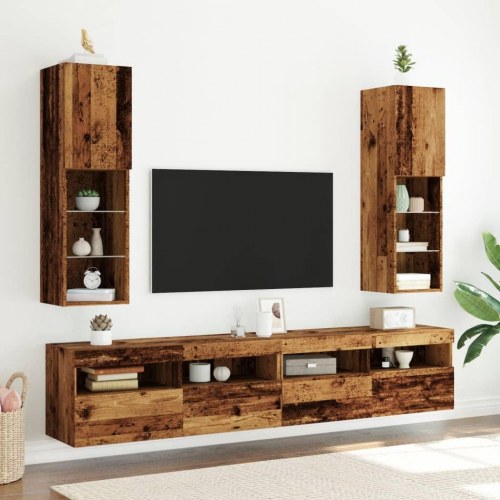 Tv-borde med LED-lys - 2 stk., 30,5 × 30 × 102 cm, gammelt trælook