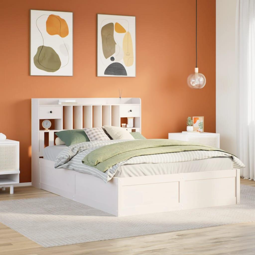 Sengeramme 140x190 cm i massivt fyrretræ - hvid med opbevaringshovedgærde