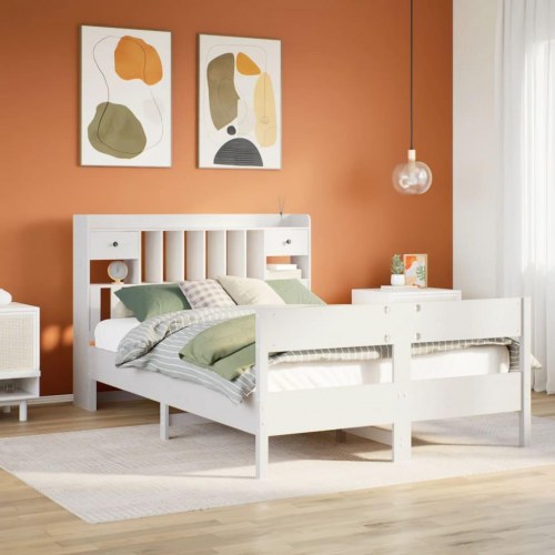 Seng med reol 135x190 cm - massivt fyrretræ, hvid