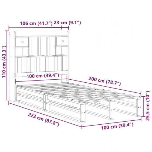 Seng med reol uden madras 100x200 cm massivt fyrretræ