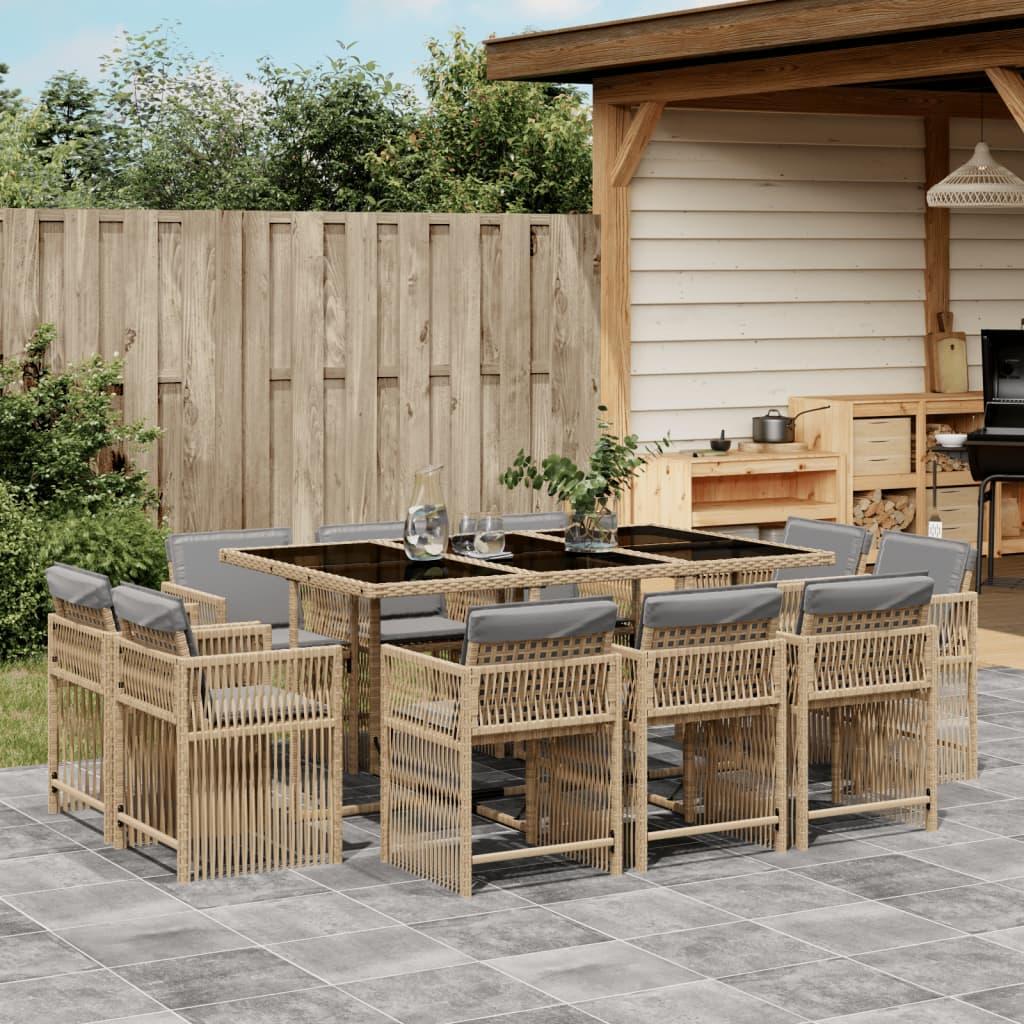 Spisebordssæt til haven 11 dele med hynder polyrattan beige