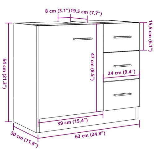 Underskab til vask 63x30x54 cm konstrueret træ gammelt eg