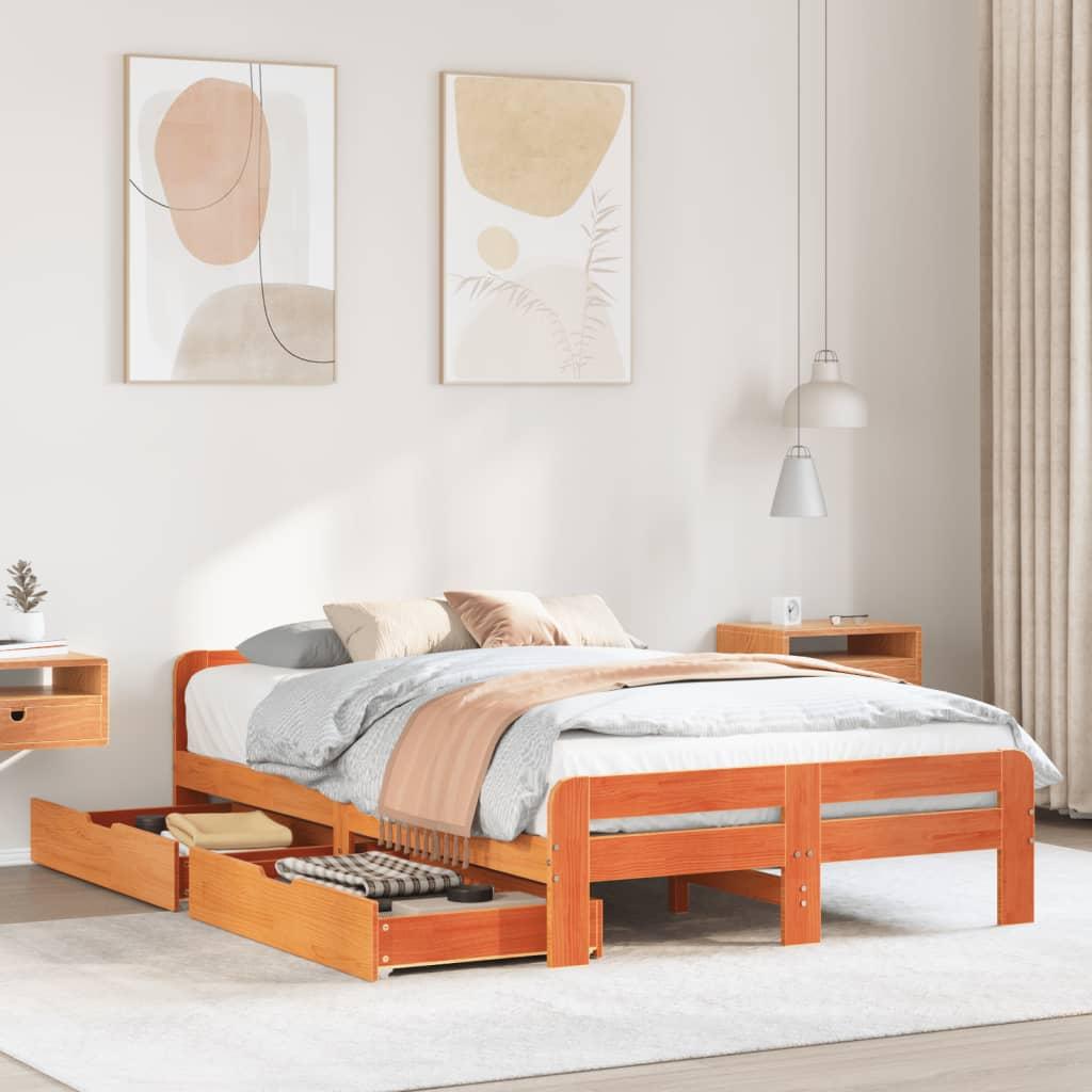 Sengeramme med skuffer 135 x 190 cm - massivt fyrretræ, brun