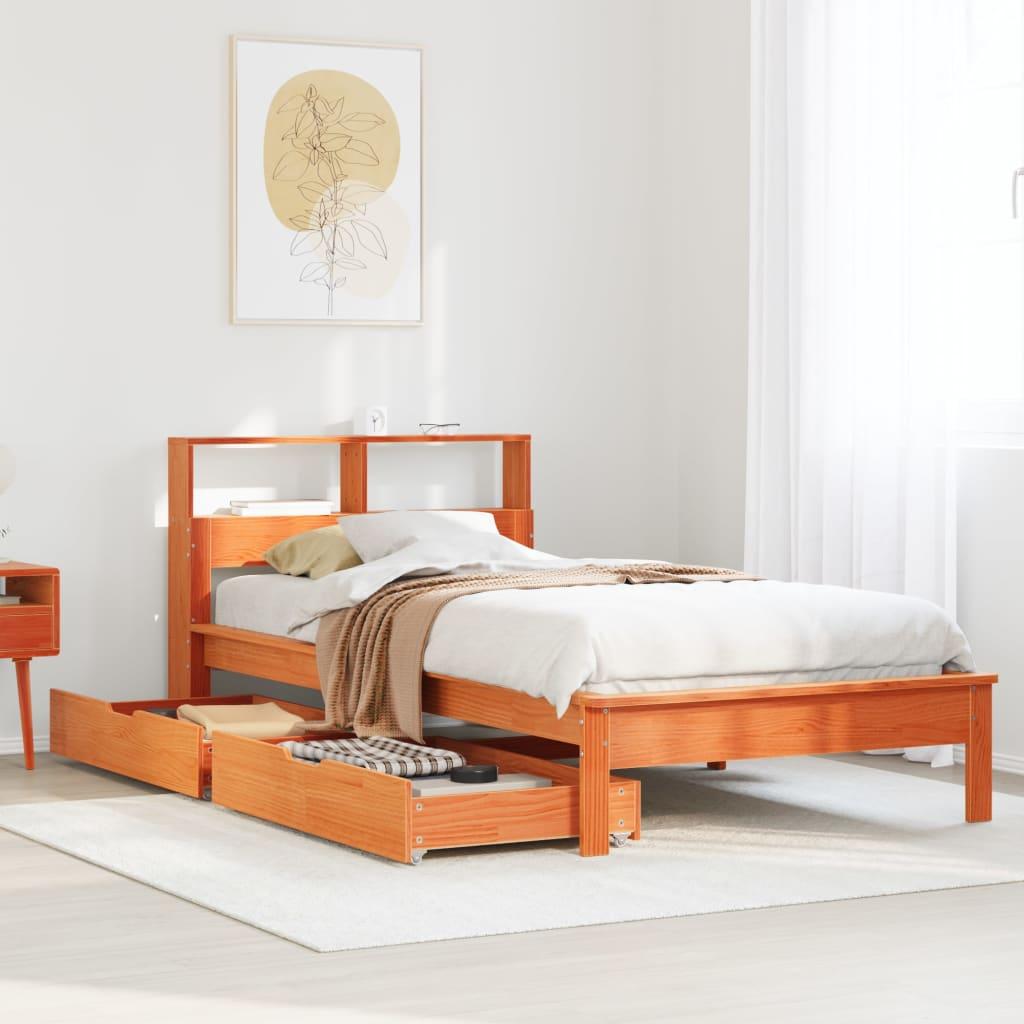 Seng med reol uden madras 100x200cm massivt fyrretræ gyldenbrun