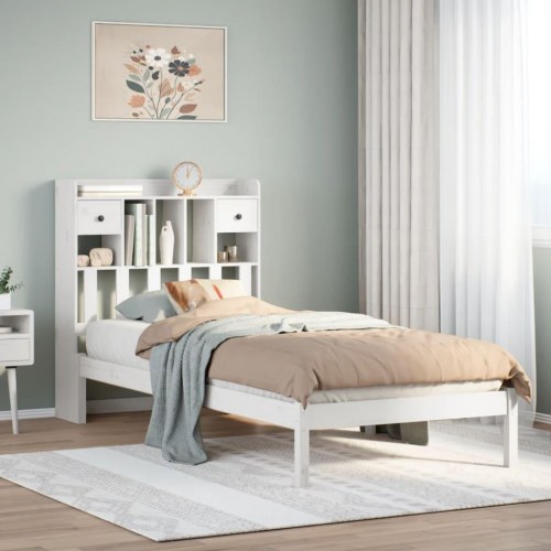 Seng med reolgavl uden madras 75 x 190 cm i massivt fyrretræ - hvid