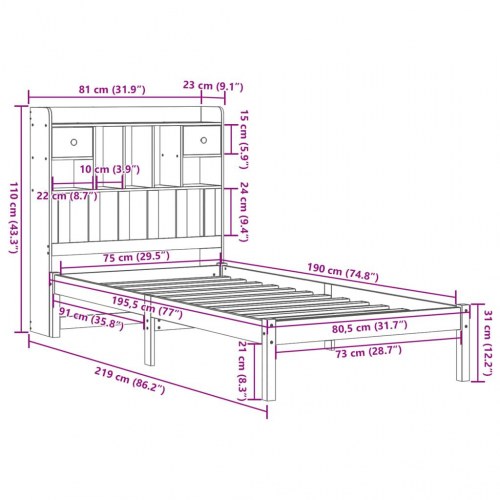 Seng med reolgavl uden madras 75 x 190 cm i massivt fyrretræ - hvid