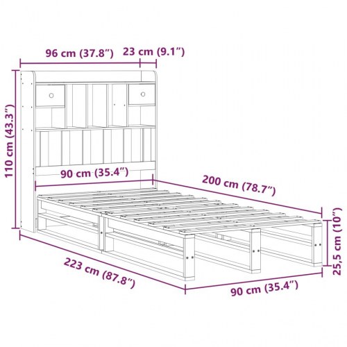 Seng med reolgavl uden madras 90 x 200 cm i massivt fyrretræ