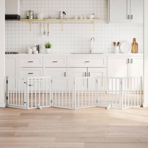 Hundelåge med dør - 6 paneler, 300 cm, foldbar poppeltræ, hvid