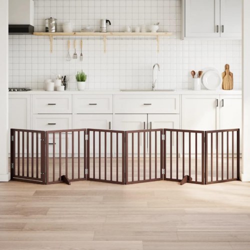 Hundelåge med dør - 6 paneler, 300 cm, foldbar poppeltræ, brun
