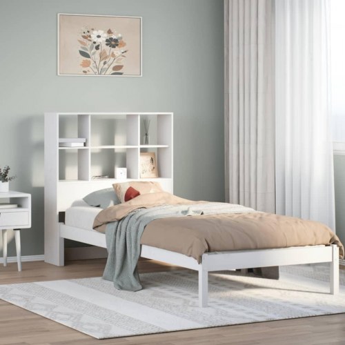 Seng med reol uden madras 90x190 cm massivt fyrretræ hvid