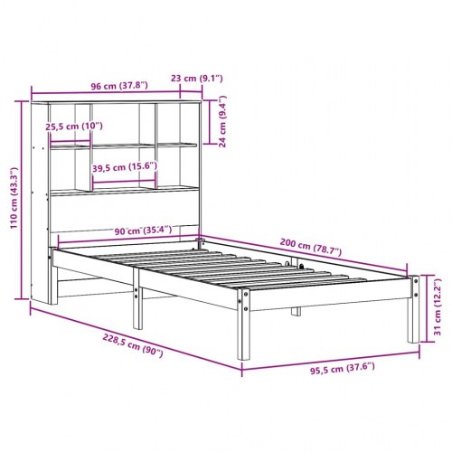 Seng med reol uden madras 90x200 cm massivt fyrretræ