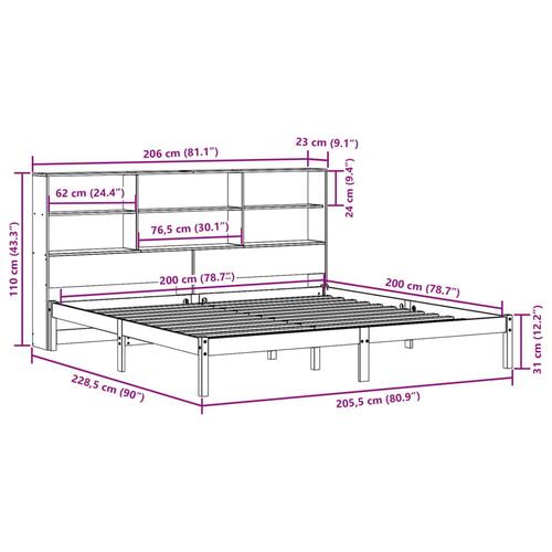 Seng med reol uden madras 200x200 cm massivt fyrretræ