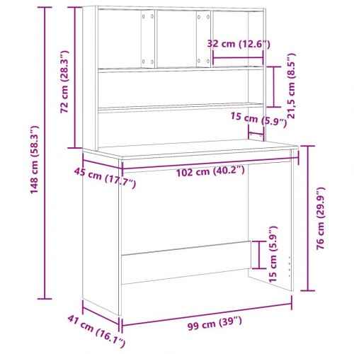 Skrivebord med hylder 102×45×148 cm - konstrueret træ, antikt træ