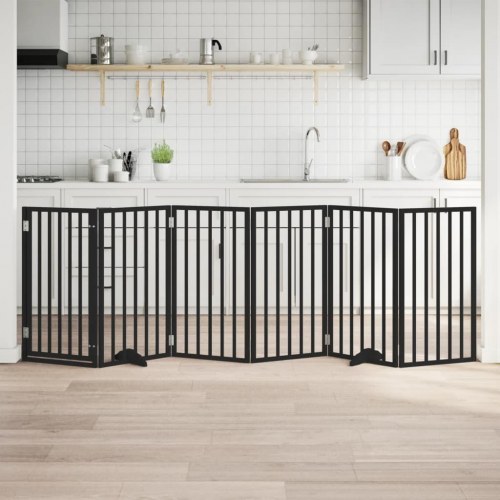 Foldbar hundelåge med dør - 6 paneler, 300 cm, poppeltræ, sort