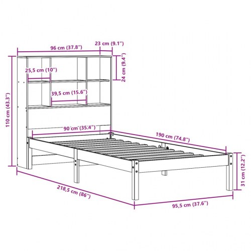 Seng med reol uden madras 90x190 cm massivt fyrretræ