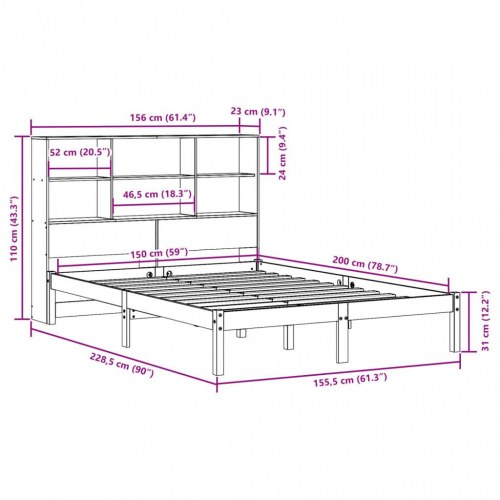 Seng med reolgavl 150 x 200 cm uden madras - gyldenbrun
