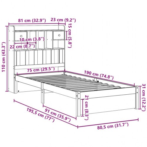 Sengeramme med reolgavl uden madras 75 x 190 cm - hvid