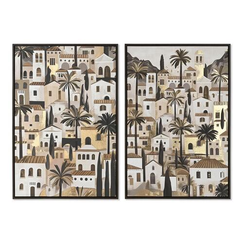Maleri Home ESPRIT Grøn Beige Gylden Huse Tropisk 63 x 4,5 x 93 cm (2 enheder)