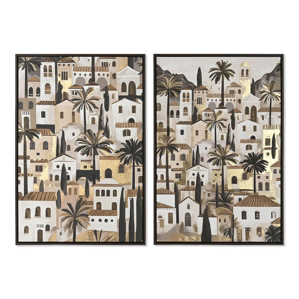 Maleri Home ESPRIT Grøn Beige Gylden Huse Tropisk 63 x 4,5 x 93 cm (2 enheder)