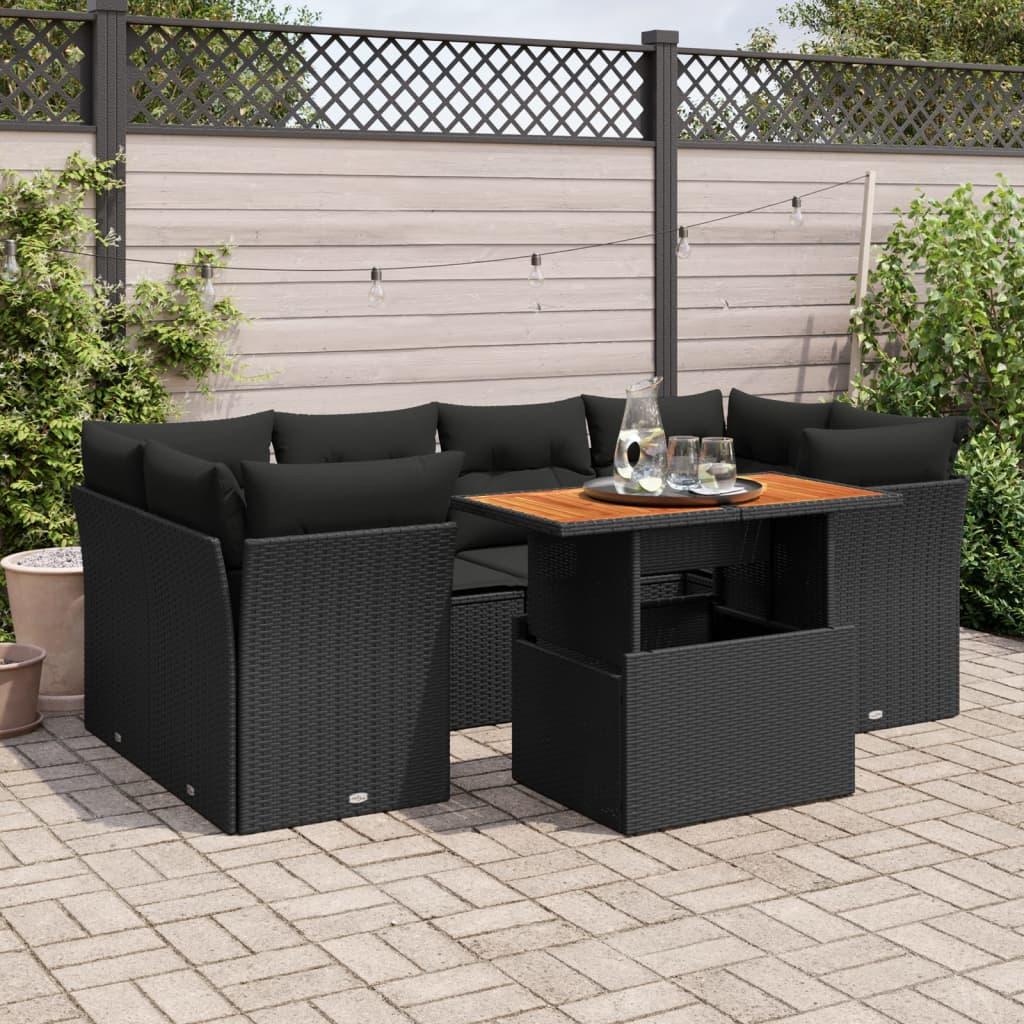 Sofasæt til haven i polyrattan - 7 dele med hynder, sort