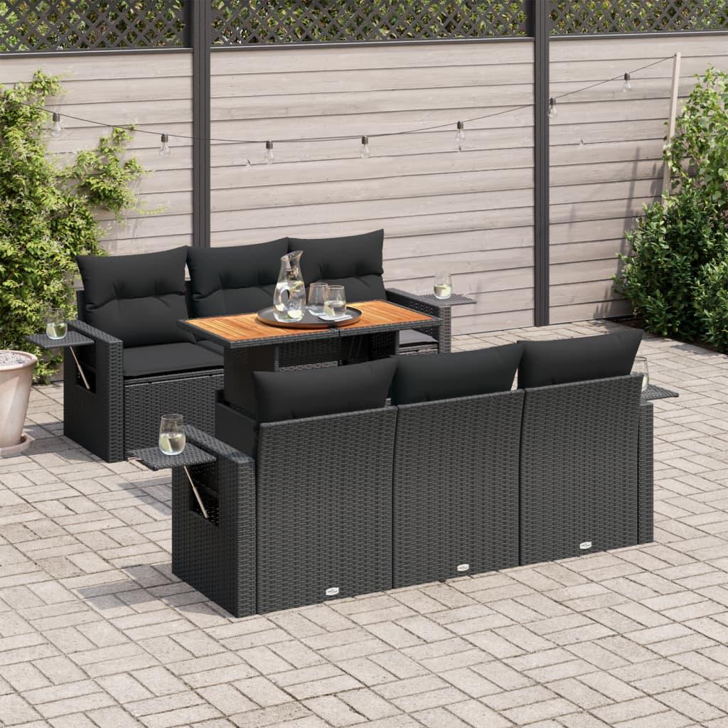 Havesofasæt i polyrattan - 7 dele med hynder og løftbart bord, sort