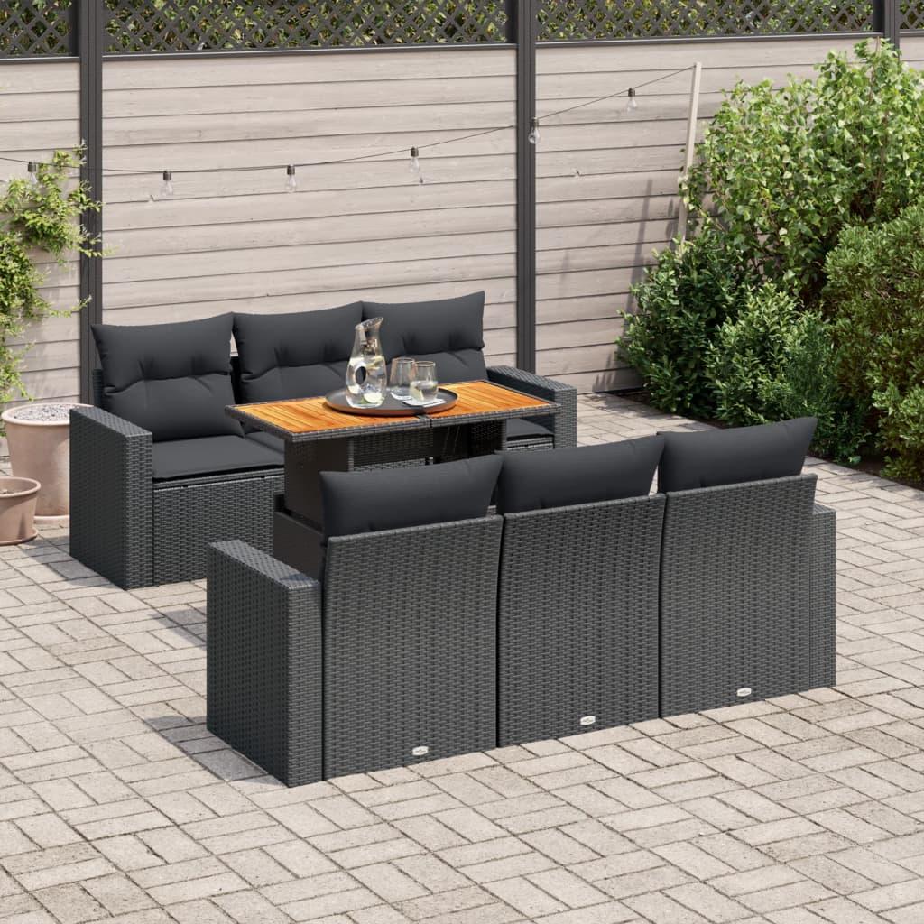 Havesofasæt i polyrattan - 7 dele med hynder og løftbart bord, sort