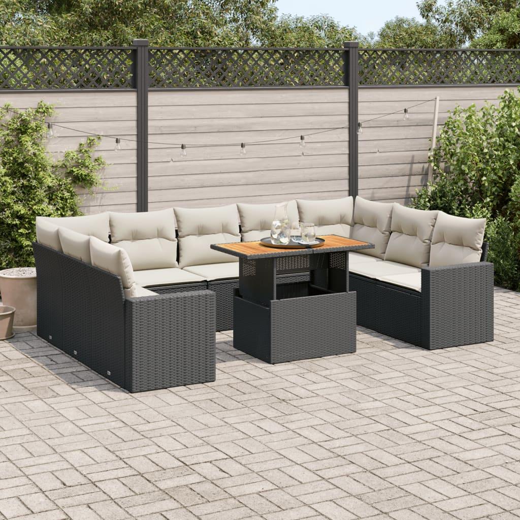 Sofasæt Til Haven 10 Dele Med Hynder Polyrattan - Sort og cremefarvet / 4x hjørnedel bord 5x midterdel