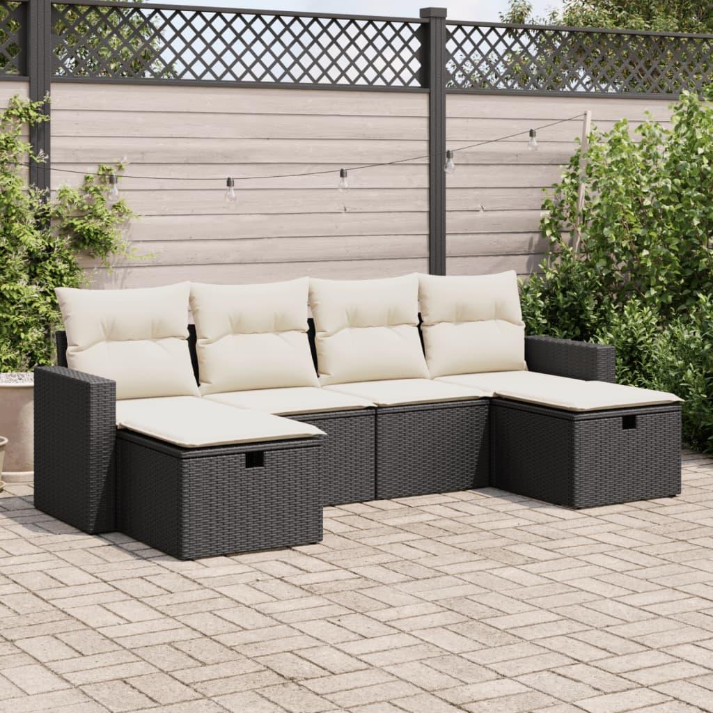 Sofasæt Til Haven 6 Dele Med Hynder Polyrattan - Sort og cremefarvet / Med opbevaring og pose