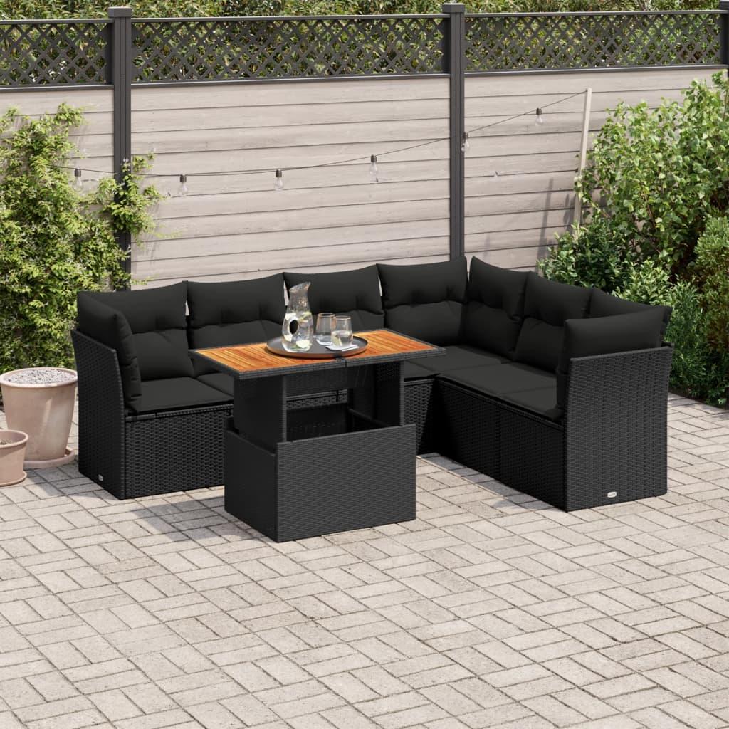 Sofasæt Til Haven 7 Dele Med Hynder Polyrattan - Sort / 3x hjørnedel bord 3x midterdel